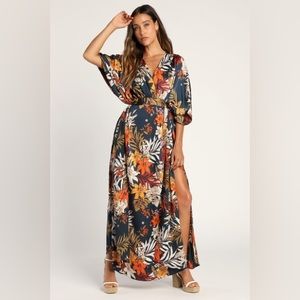 Lulus: Take a Holiday Navy Blue Tropical Print Maxi Dress